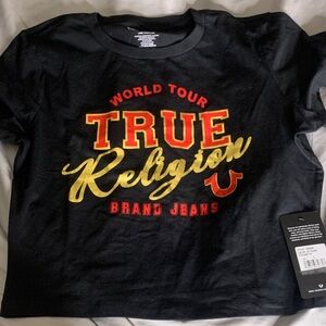 True Religion Black Crop Top with Red and Gold Logo
